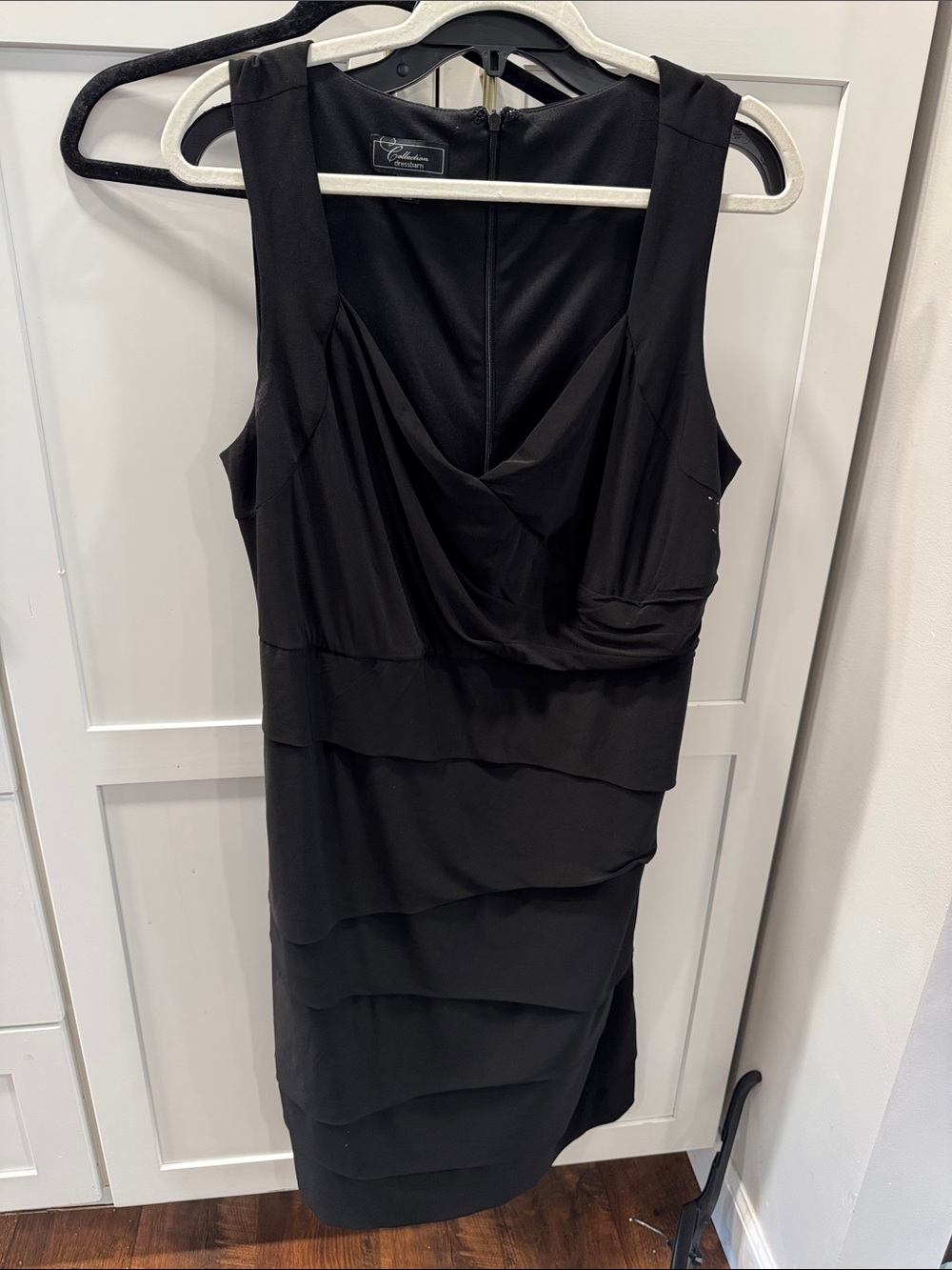 Dress Barn Black Sleeveless Draped Tiered Midi Dress